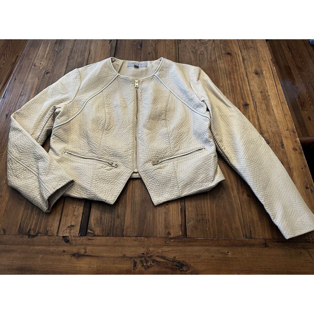 Andrew Marc New York Faux Leather Moto Jacket Ivory Size XL Edgy Sleek